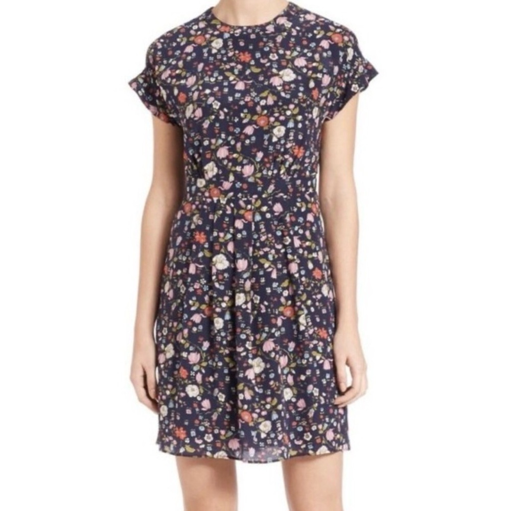 Rebecca Taylor Floral Silk Mini Dress Short‎ Sleeve Navy Pink Size 12